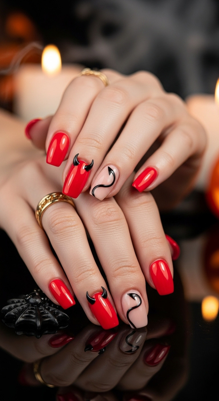 Red Devil Horns Tail Halloween Nails
