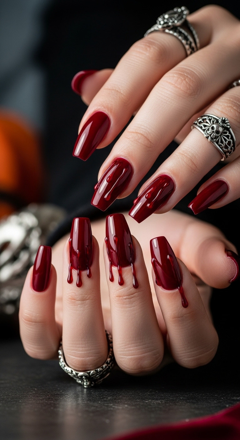 Red Halloween Blood Drip Nails Macro Close Up