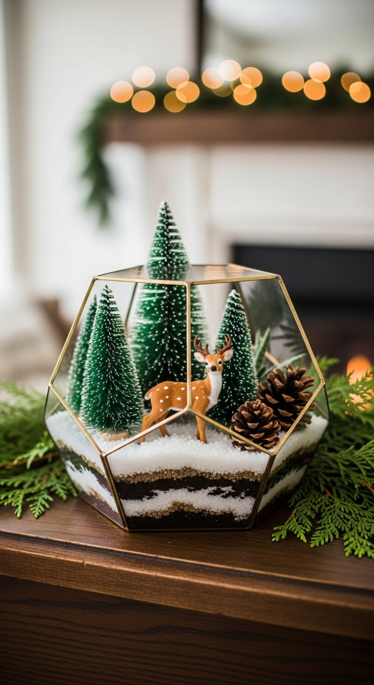 Rustic DIY Christmas terrarium in a geometric glass container with snow trees deer and pinecones on a dark wooden mantelpiece