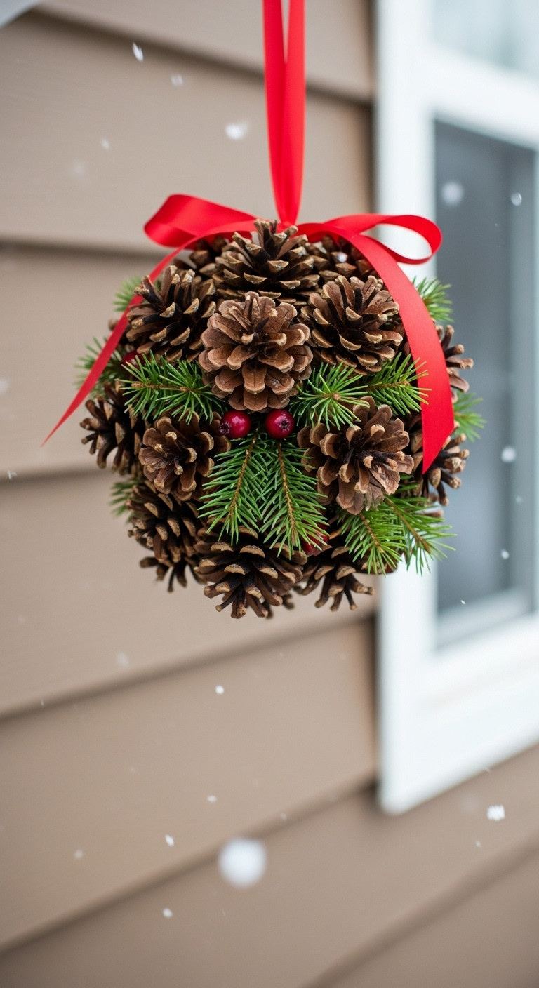 Rustic DIY pinecone kissing ball with evergreen sprigs and faux cranberries hanging from a red satin ribbon on a porch