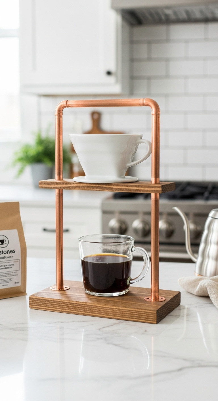 Rustic DIY pour-over coffee stand with copper pipes and wooden base holding a ceramic dripper and glass mug on marble countertop