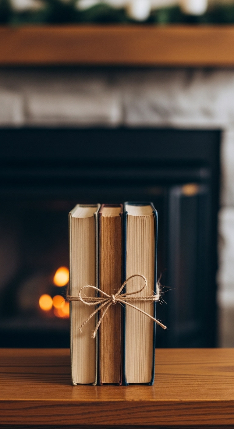 Rustic bundle of aged hardcover books tied with twine on a wooden mantelpiece with a blurred fireplace background