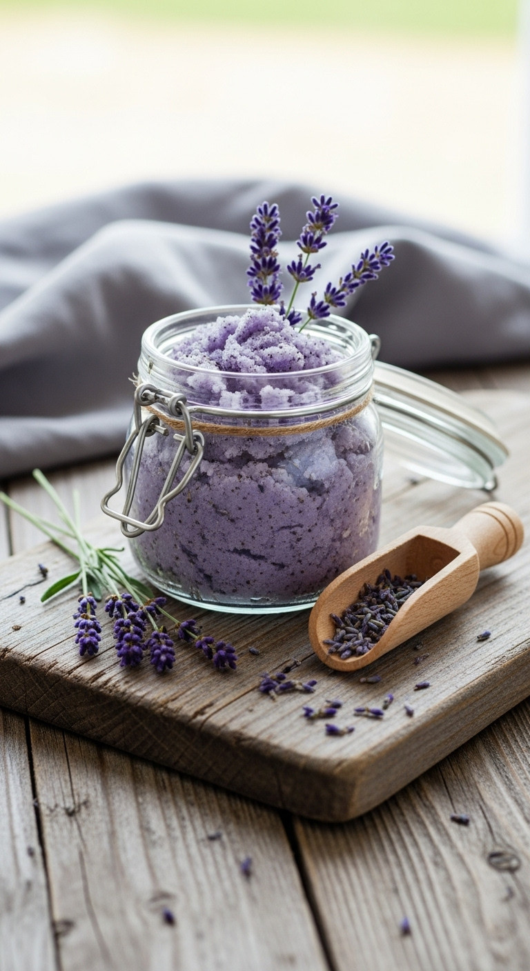 Rustic glass jar of lavender hand scrub with fresh sprigs and wooden scoop on a weathered board in a blurred garden setting