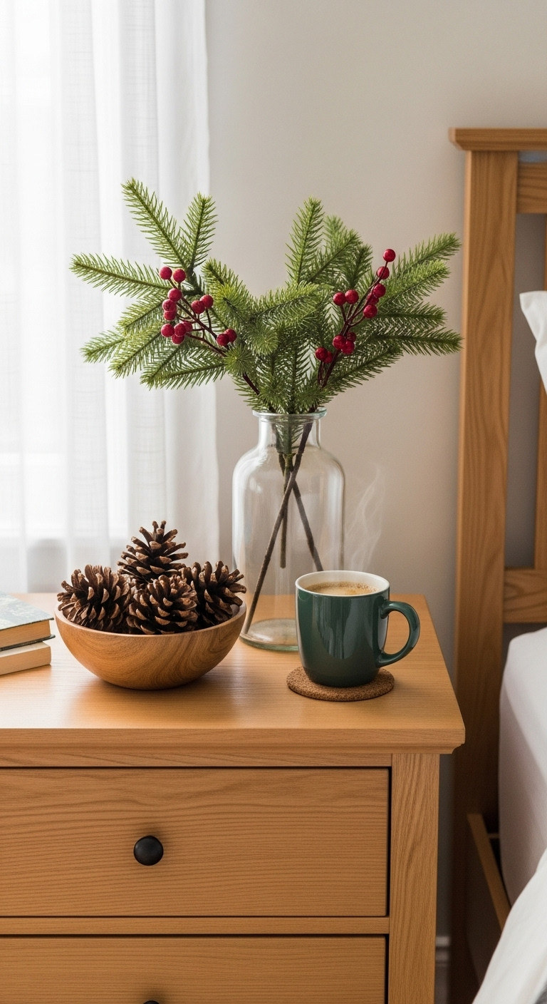 Rustic holiday vignette on a nightstand with faux evergreen branches and natural pinecones