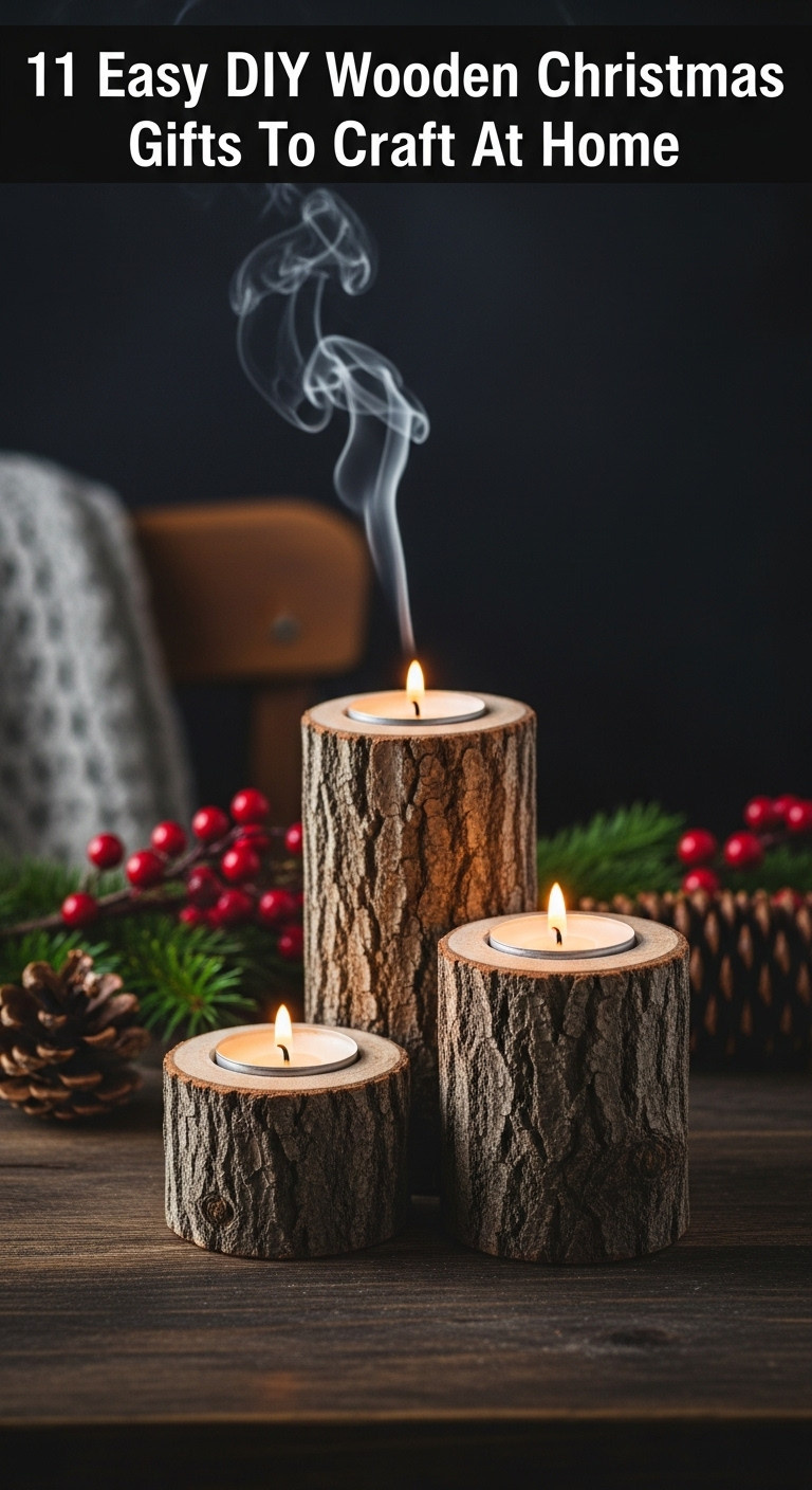 Rustic log tealight candle holders glowing warmly on a wooden table with blurred festive greenery in the background