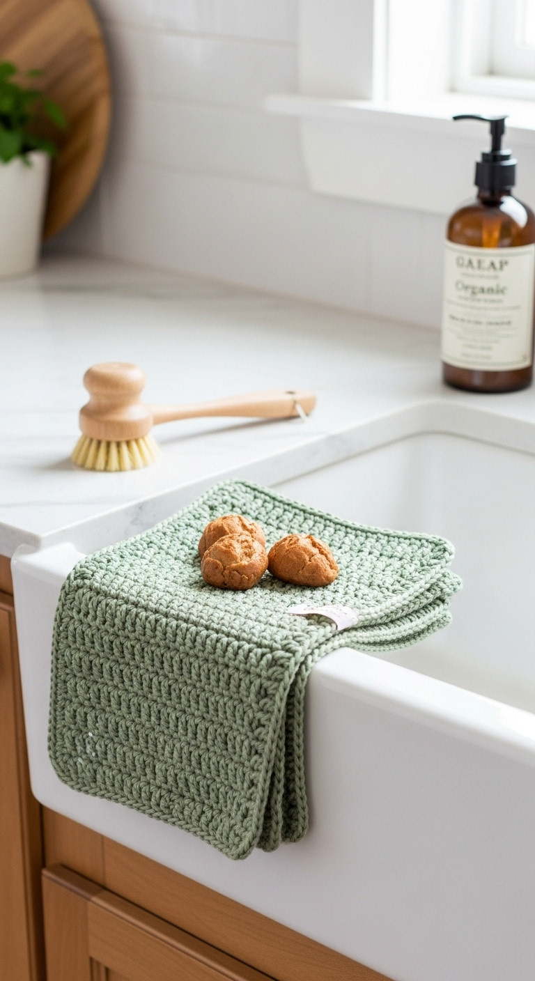 Sage green crochet dishcloth folded next to a farmhouse sink on a light marble countertop with a wooden brush and organic soap