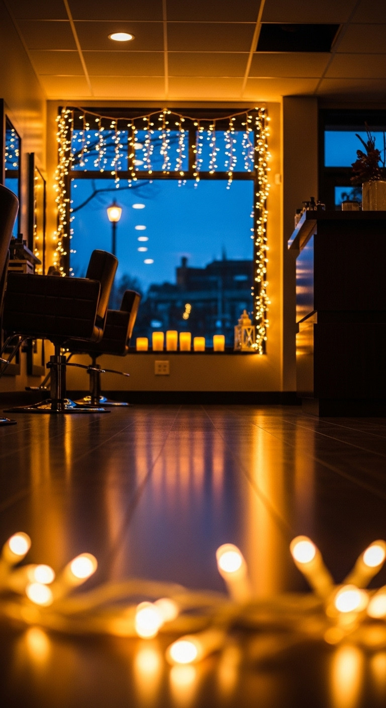 Salon interior at dusk with warm twinkling Christmas lights framing a window and creating bokeh