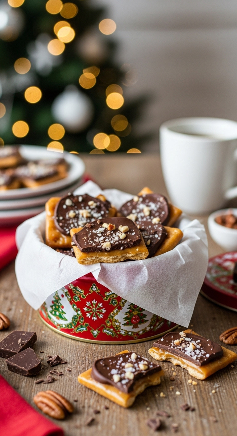 Saltine toffee with chocolate and nuts in a festive holiday tin on a rustic wooden table