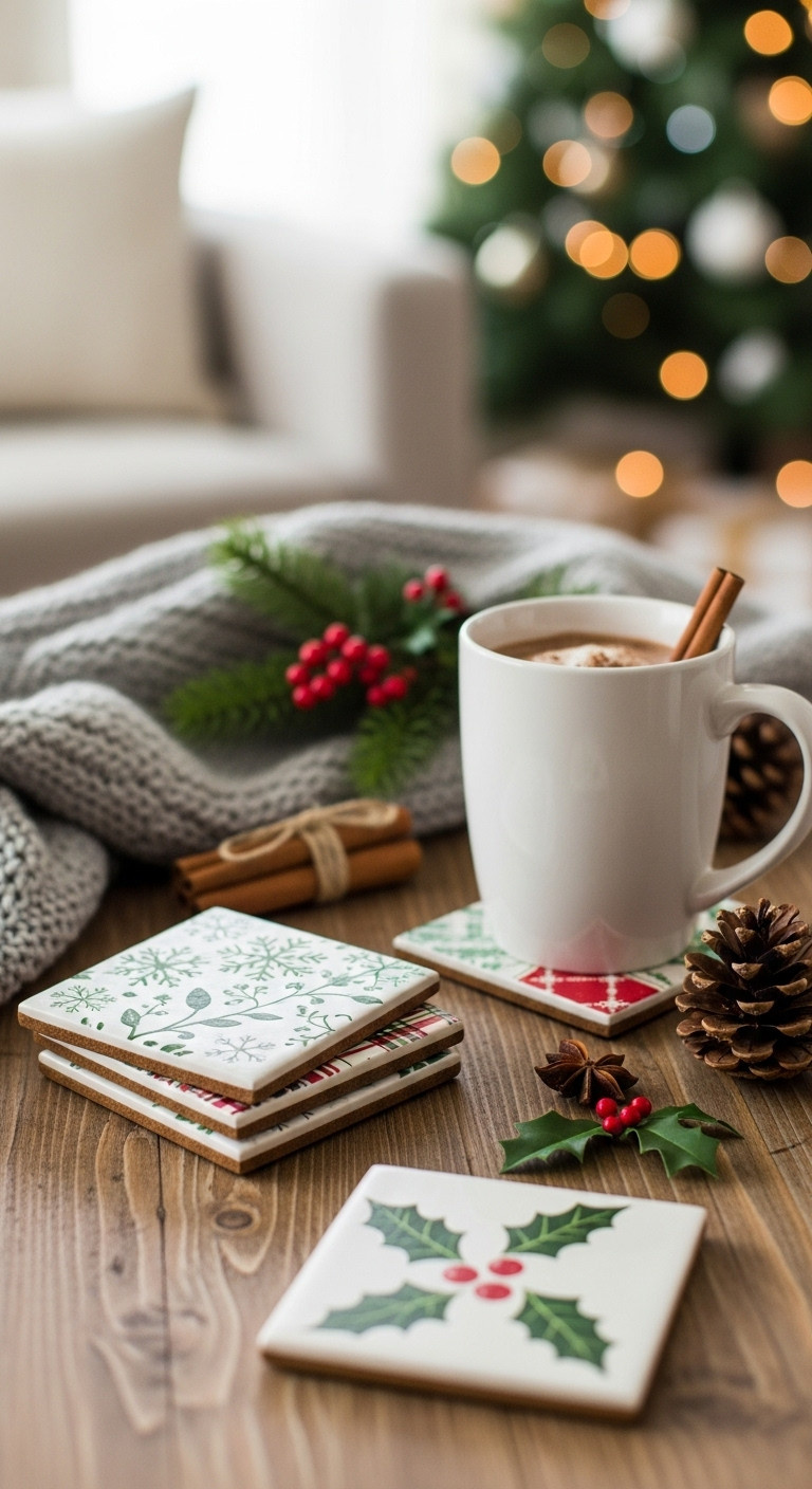 Set of four ceramic tile coasters with festive scrapbook paper designs on a rustic wooden table with hot cocoa and pine cones
