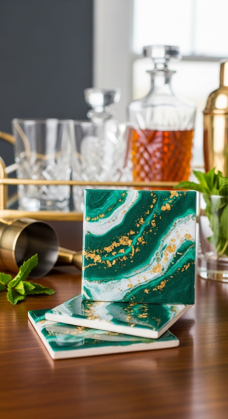 Set of four ceramic tile coasters with glossy resin pour geode effect in emerald green white and gold