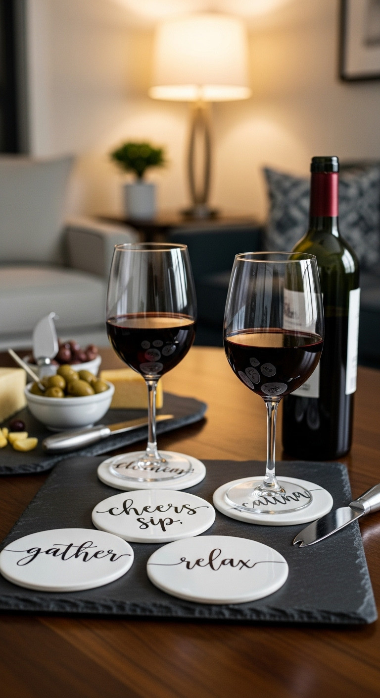 Set of four white ceramic coasters with black vinyl lettering on a dark slate serving tray with wine glasses