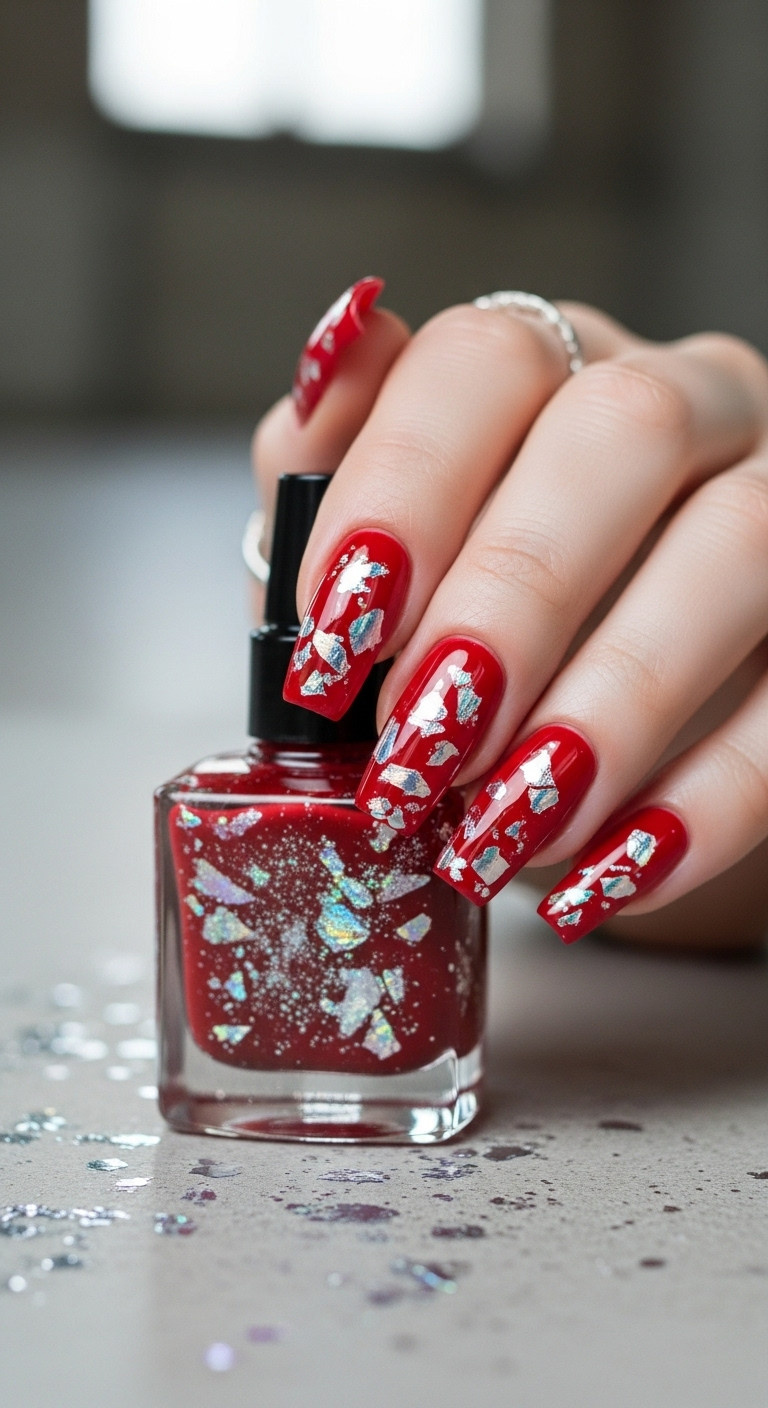 Shattered Red Glass Nails Halloween Design on Concrete Surface with Silver Glitter and Chain Bracelet