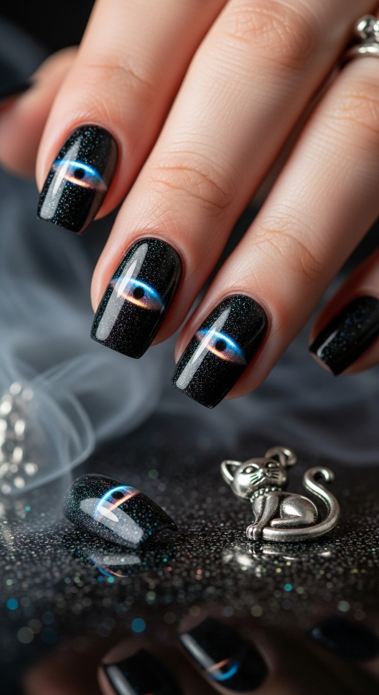 Shimmering black cat eye gel nails magnetic stripe mystical Halloween elegance