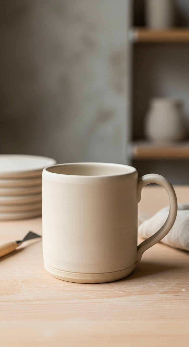 Slab-built clay mug in leather-hard state, smooth cylindrical form with elegant strap handle, visible joins on wooden table in pottery studio.