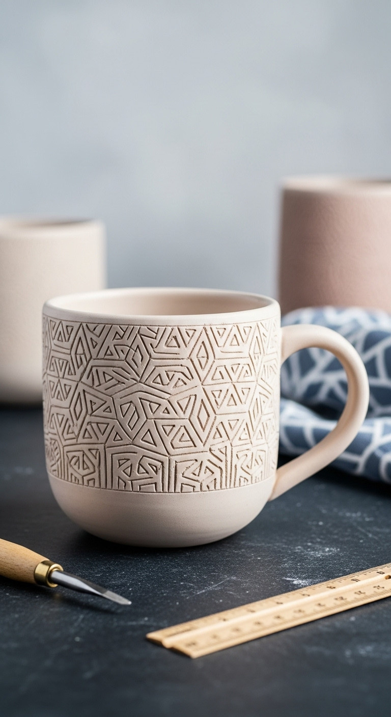Sleek hand-built clay mug with intricate carved geometric pattern, modern form, dramatic side lighting on dark stone surface.