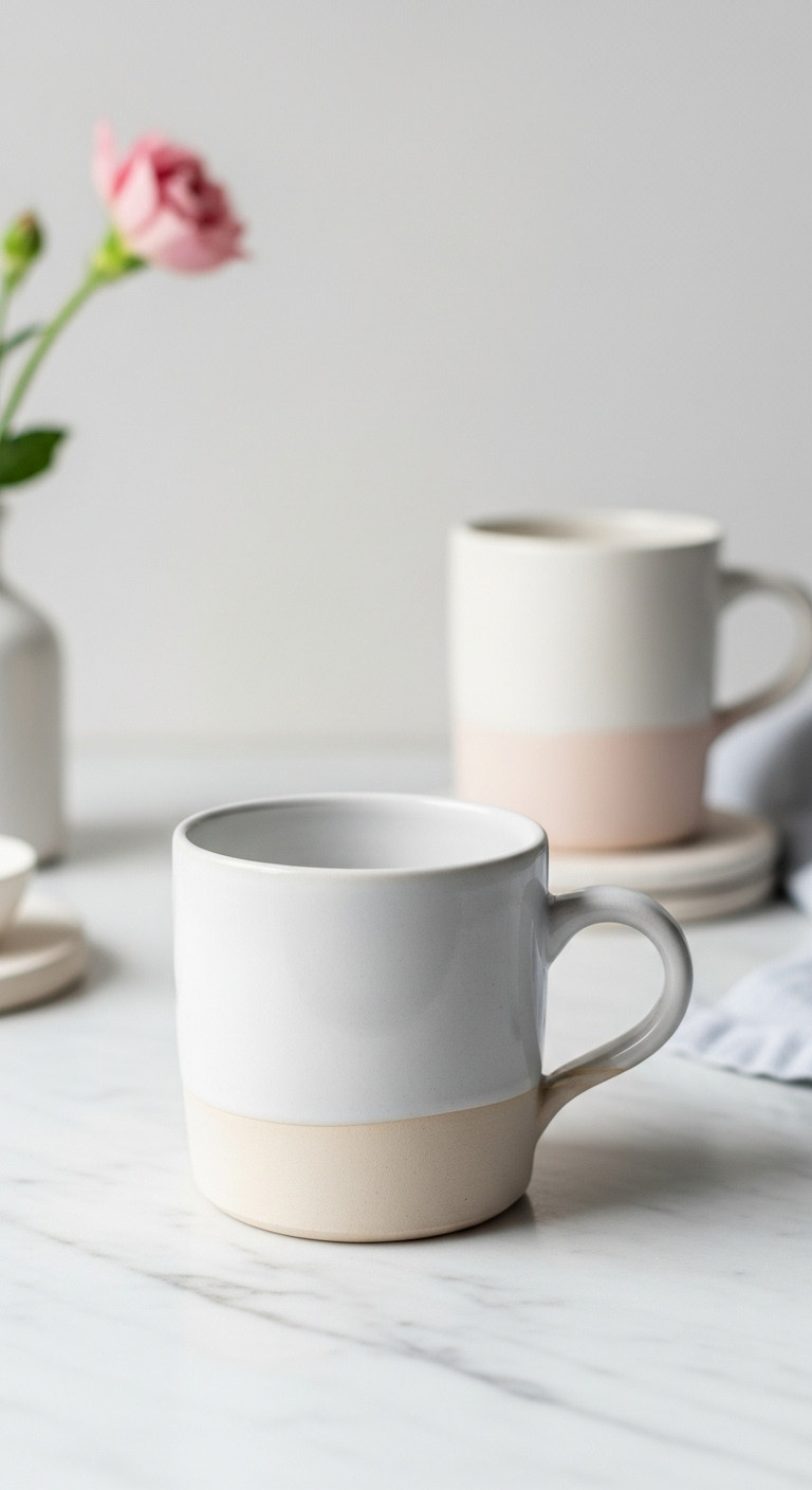 Sleek minimalist hand-built clay mug, perfectly clean geometric form, smooth single-color glaze on marble countertop.