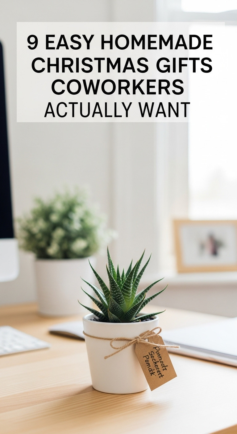Small succulent plant in a white ceramic pot with a care tag on a desk a perfect homemade coworker Christmas gift