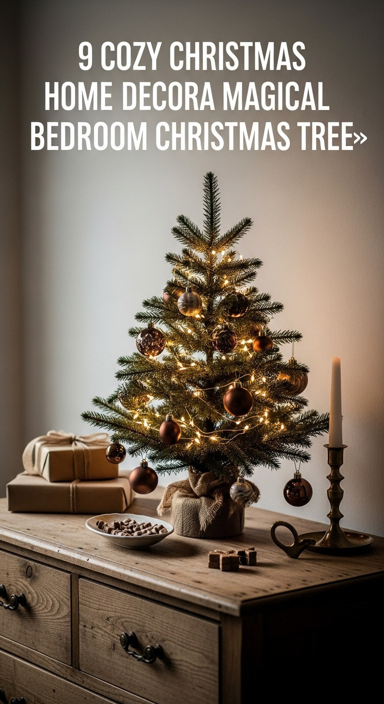 Small tabletop Christmas tree with warm micro fairy lights on a rustic wooden dresser