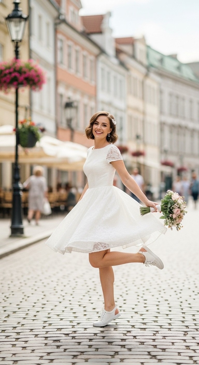 Smiling bride twirling in a chic short midi elopement dress, A-line, block heels, vibrant European city street background.