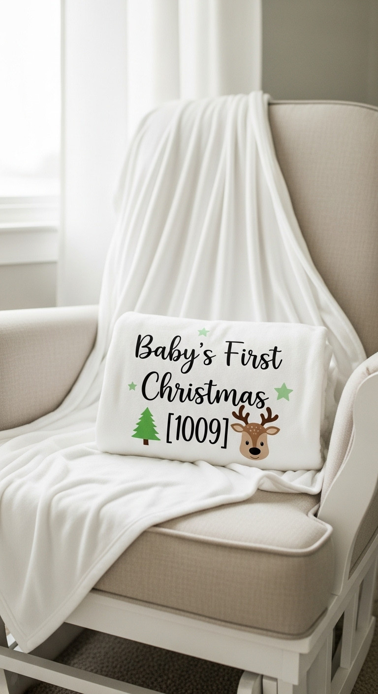 Soft white baby blanket with Baby's First Christmas reindeer design on rocking chair in nursery