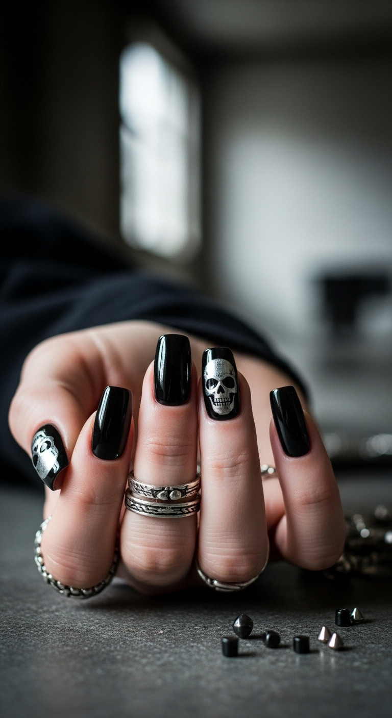 Sophisticated edgy black Halloween nails with silver skull art grunge aesthetic