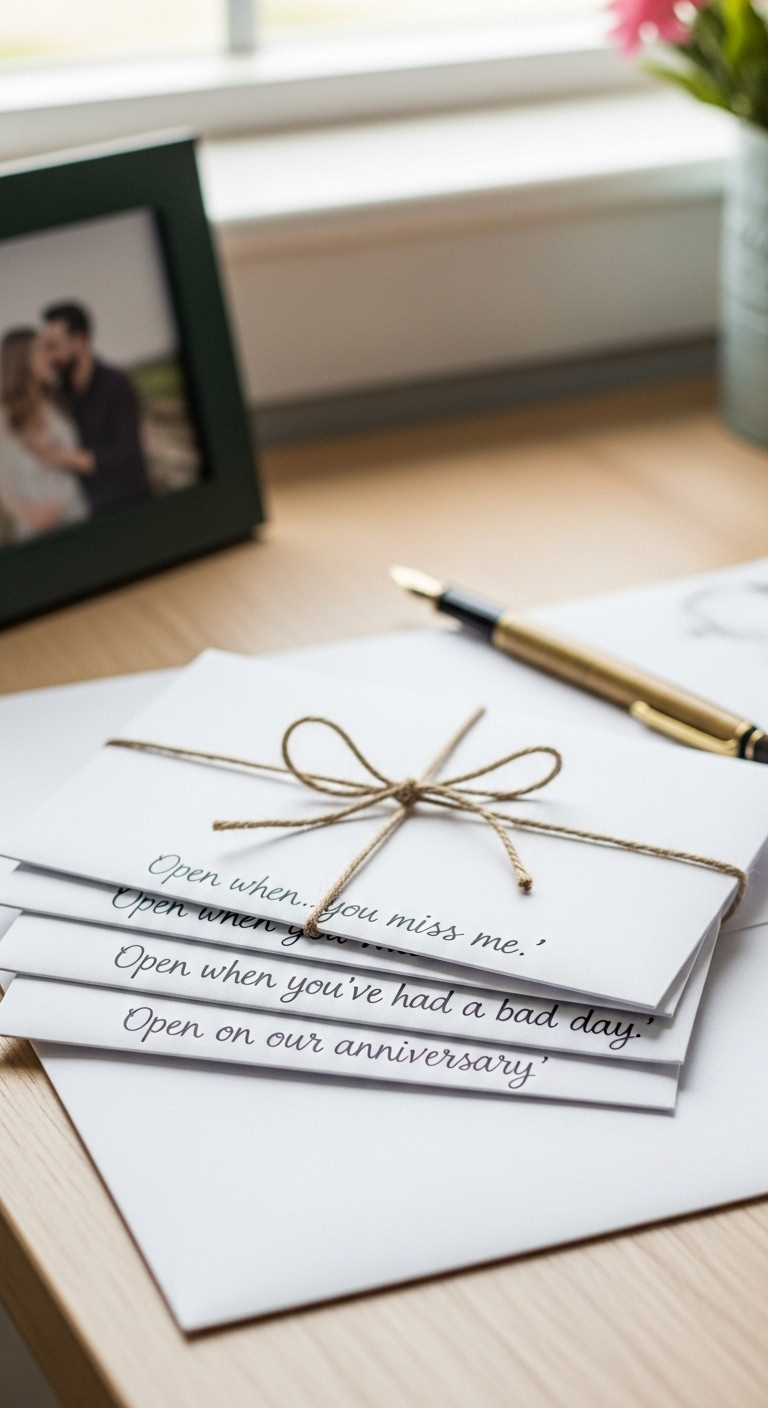 Stack of "Open When..." letters with handwritten titles tied with twine on a light wooden desk