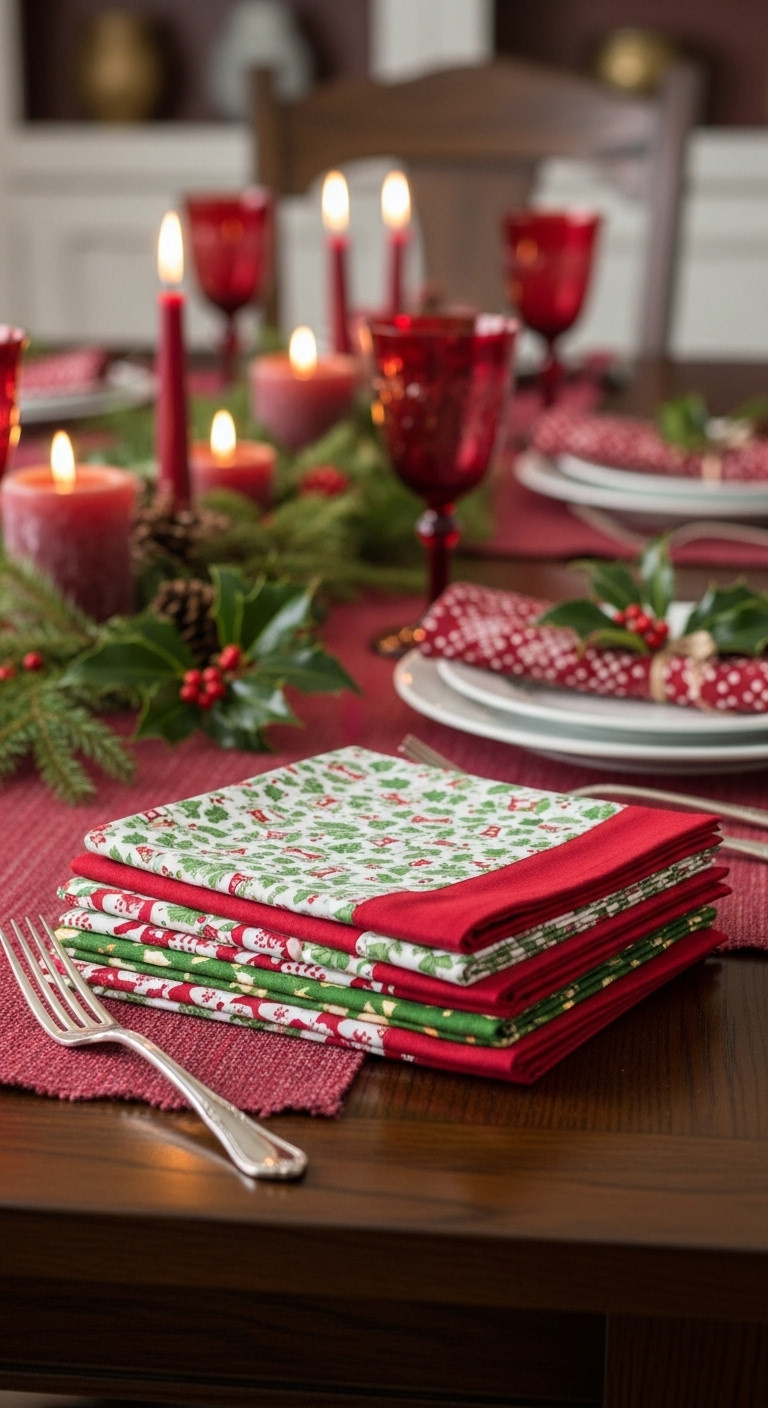 Stack of festive self-binding cloth napkins with mitered corners on a dark wood Christmas dining table with holly and a silver fork