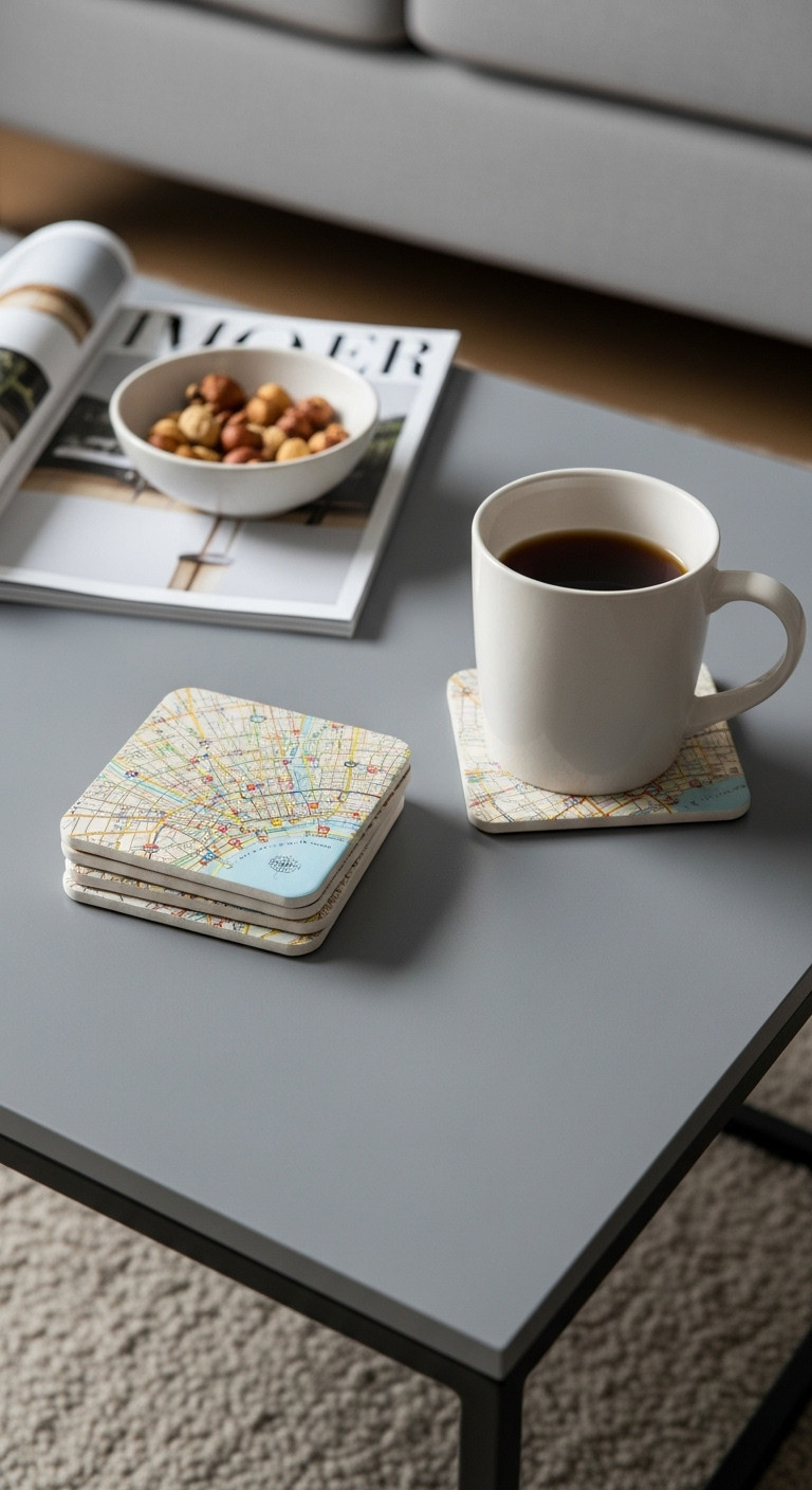 Stack of four DIY map coasters with vintage city map segments on a slate gray coffee table with a steaming mug