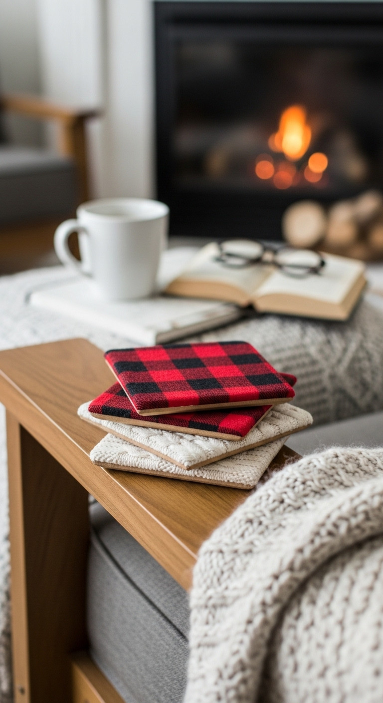 Stack of four fabric covered tile coasters with flannel and cable knit patterns on wooden armrest