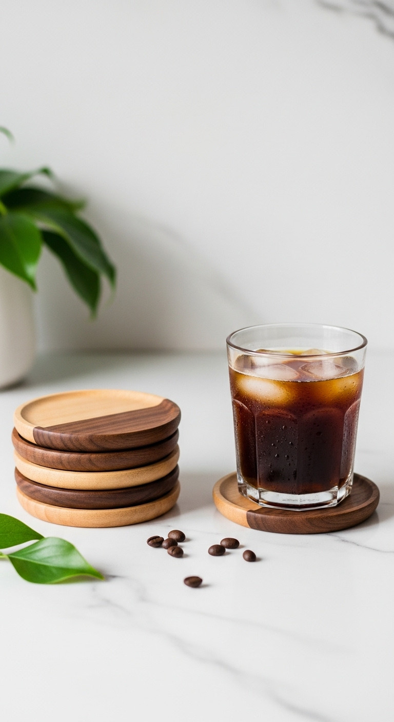 Stack of handmade hardwood coasters next to an iced coffee glass on a white marble countertop in a bright kitchen setting
