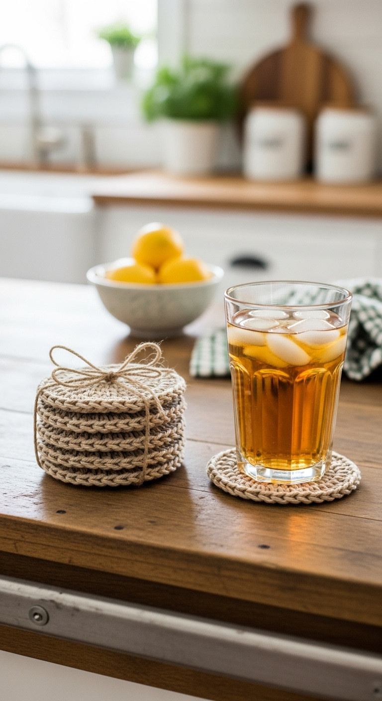 Stack of oatmeal farmhouse style crochet coasters with jute twine and iced tea glass on weathered barn wood with lemons