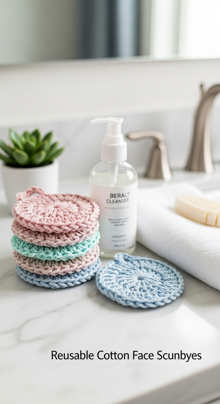 Stack of pastel reusable crochet face scrubbies next to face cleanser on a white marble bathroom vanity with a succulent and towel