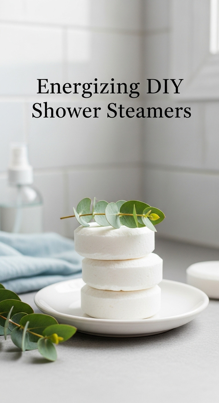 Stack of three white energizing DIY shower steamers with eucalyptus on a ceramic dish in a modern bathroom