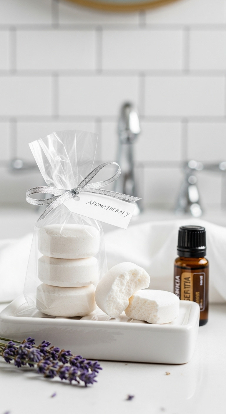 Stack of white round handmade aromatherapy shower tablets in cellophane bag with silver ribbon on ceramic soap dish