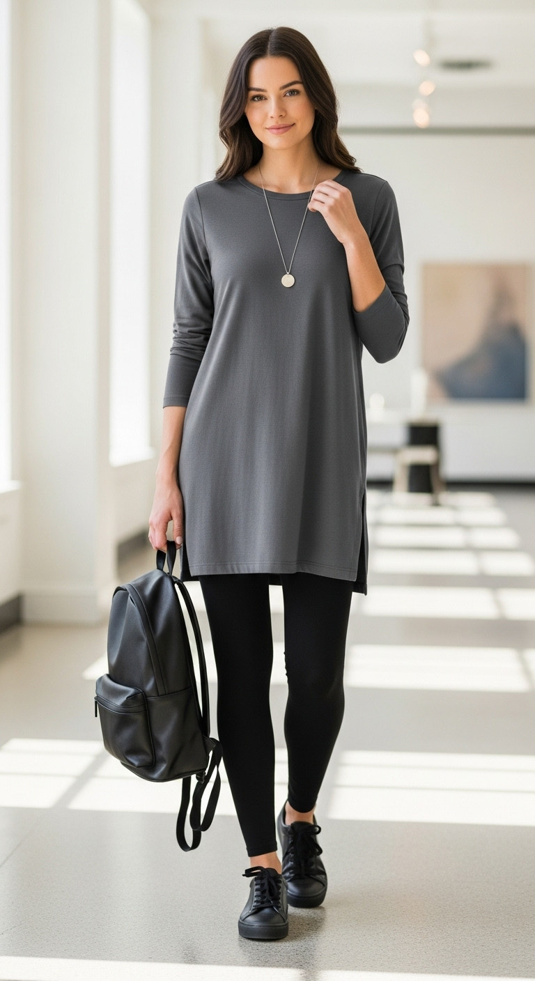 Student in black leggings, charcoal tunic, black sneakers, necklace, backpack. Minimalist school study outfit.