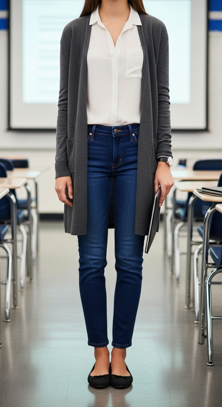 Student in dark jeans, white button-down, charcoal cardigan, black flats. Professional school classroom outfit.