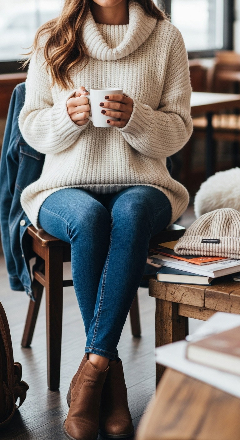 Student in dark skinny jeans, cream turtleneck sweater, brown boots, tea mug. Cozy winter study outfit.