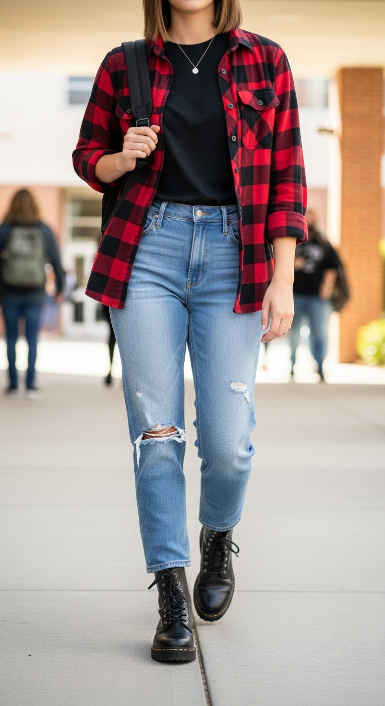 Student in distressed jeans, black tee, red plaid flannel shirt, combat boots, backpack. Energetic school campus.