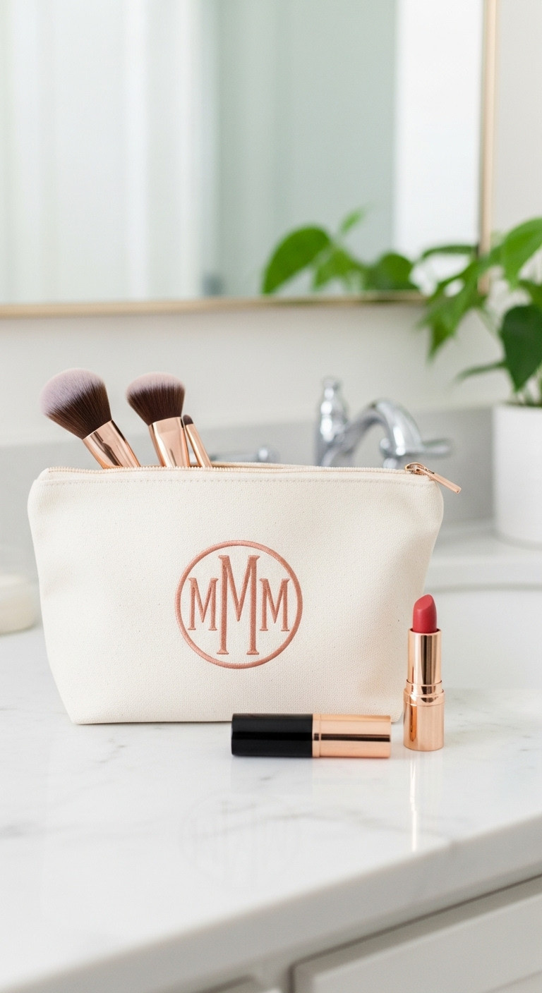 Stylish canvas cosmetics bag with rose gold monogram makeup brushes and lipstick on white marble vanity