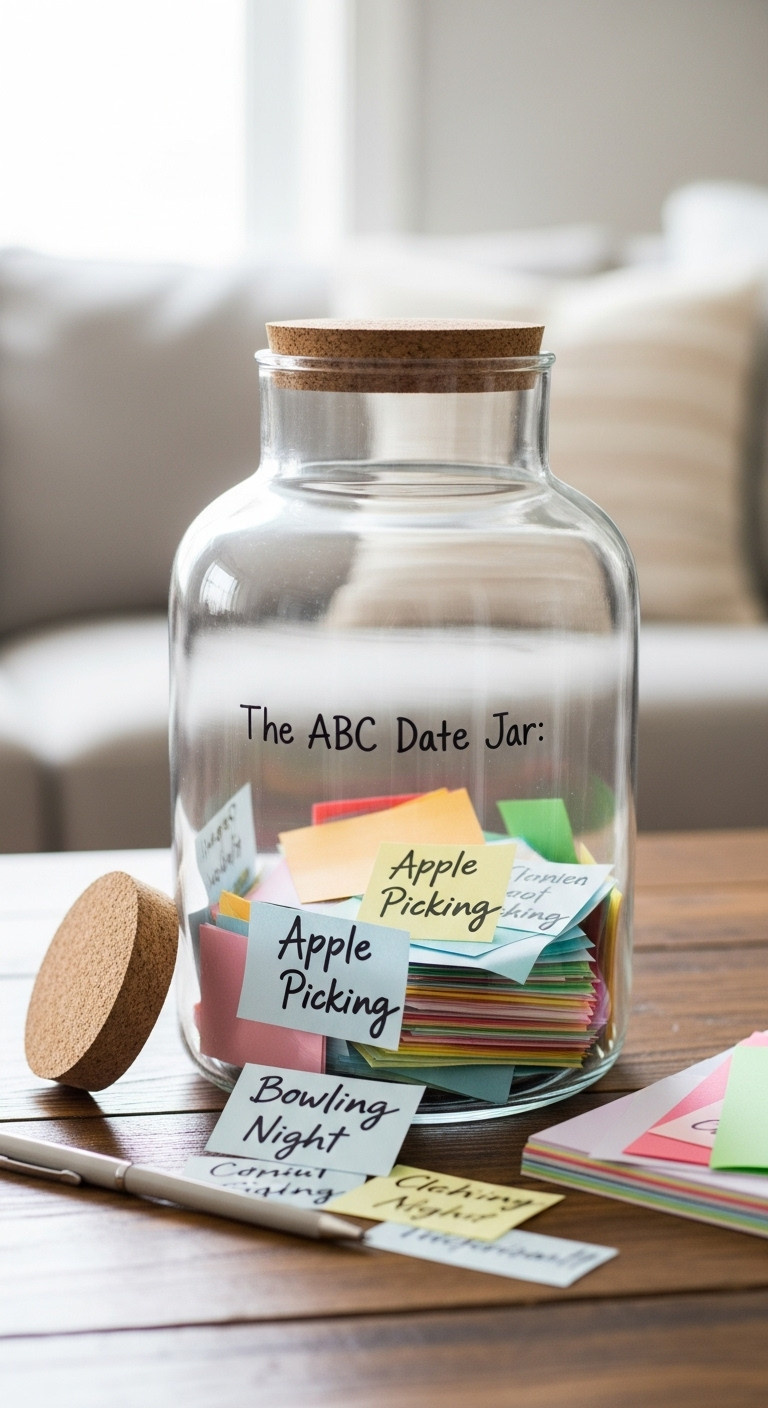 Stylish glass jar filled with colorful folded slips of paper for an ABC Date Jar on a rustic wooden table