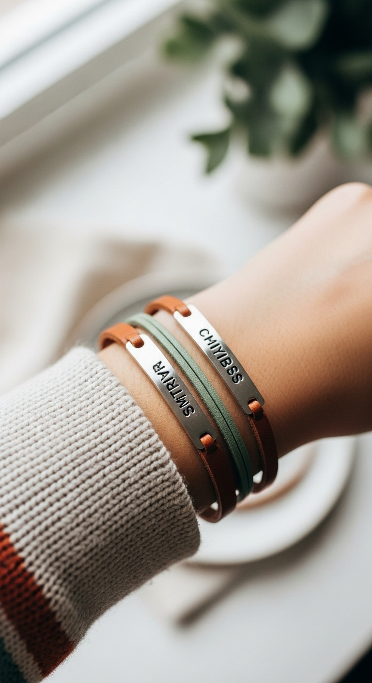 Stylish stamped leather bar bracelet with a name on a teen's wrist layered with other bracelets for a Christmas gift