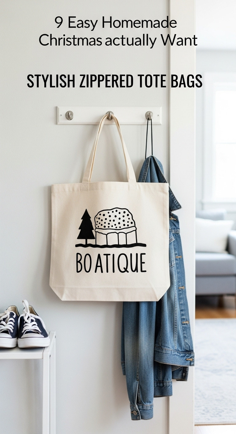 Stylish zippered canvas tote bag with a minimalist graphic design hanging on a hook a great homemade gift for teens