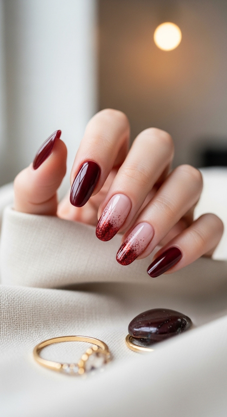 Subtle red glitter gradient oval nails on neutral fabric with gold ring and polished stone in soft window light