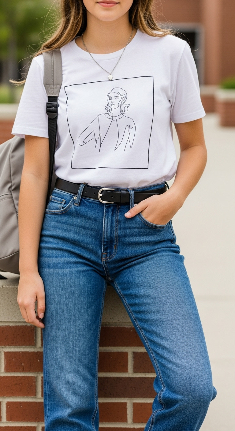 Teenage student in dark-wash straight-leg jeans, white graphic tee, belt, silver necklace. Urban school campus style for teens.