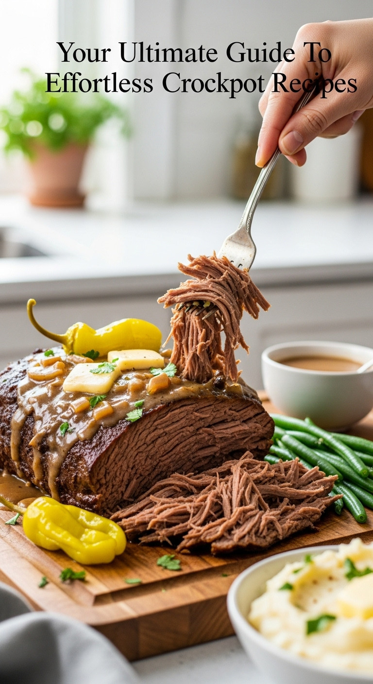 Tender Mississippi Pot Roast with savory gravy, pepperoncini, ranch seasoning on a rustic wooden board, fork pulling meat.