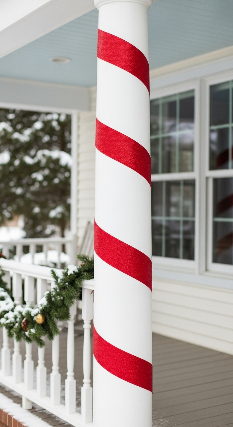 Thick white porch column wrapped diagonally with a vibrant red weatherproof ribbon mimicking a candy cane with snow dusting