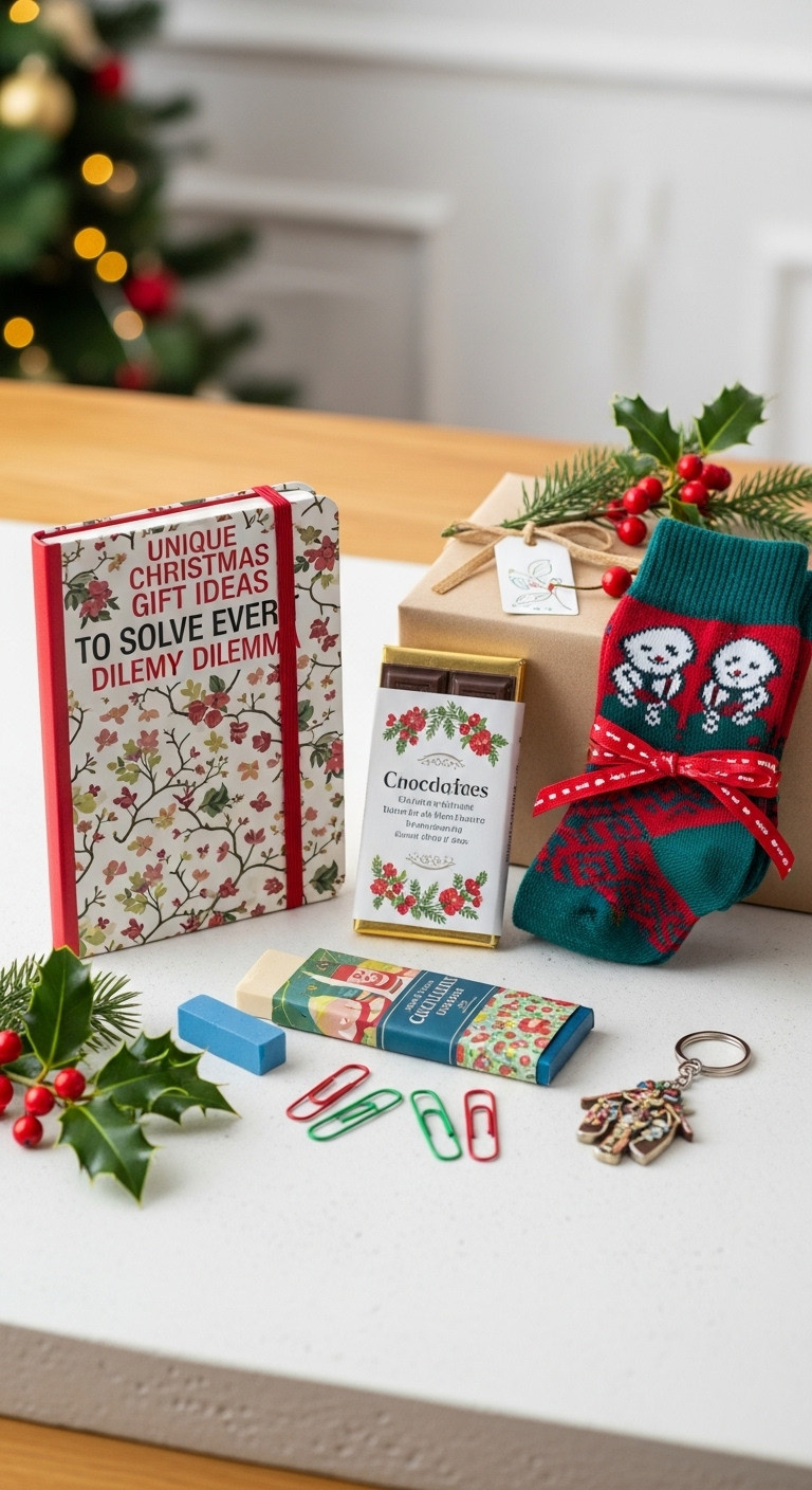 Thoughtful unique Christmas gifts under $25 flat lay arrangement on a rustic table with festive accents
