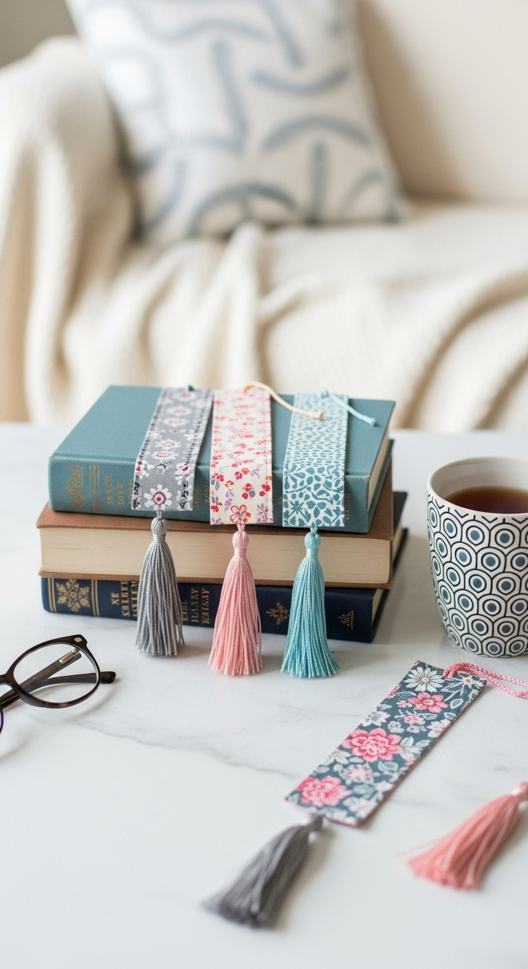 Three fabric bookmarks with tassels peeking from a hardcover book on a white marble countertop with reading glasses and tea
