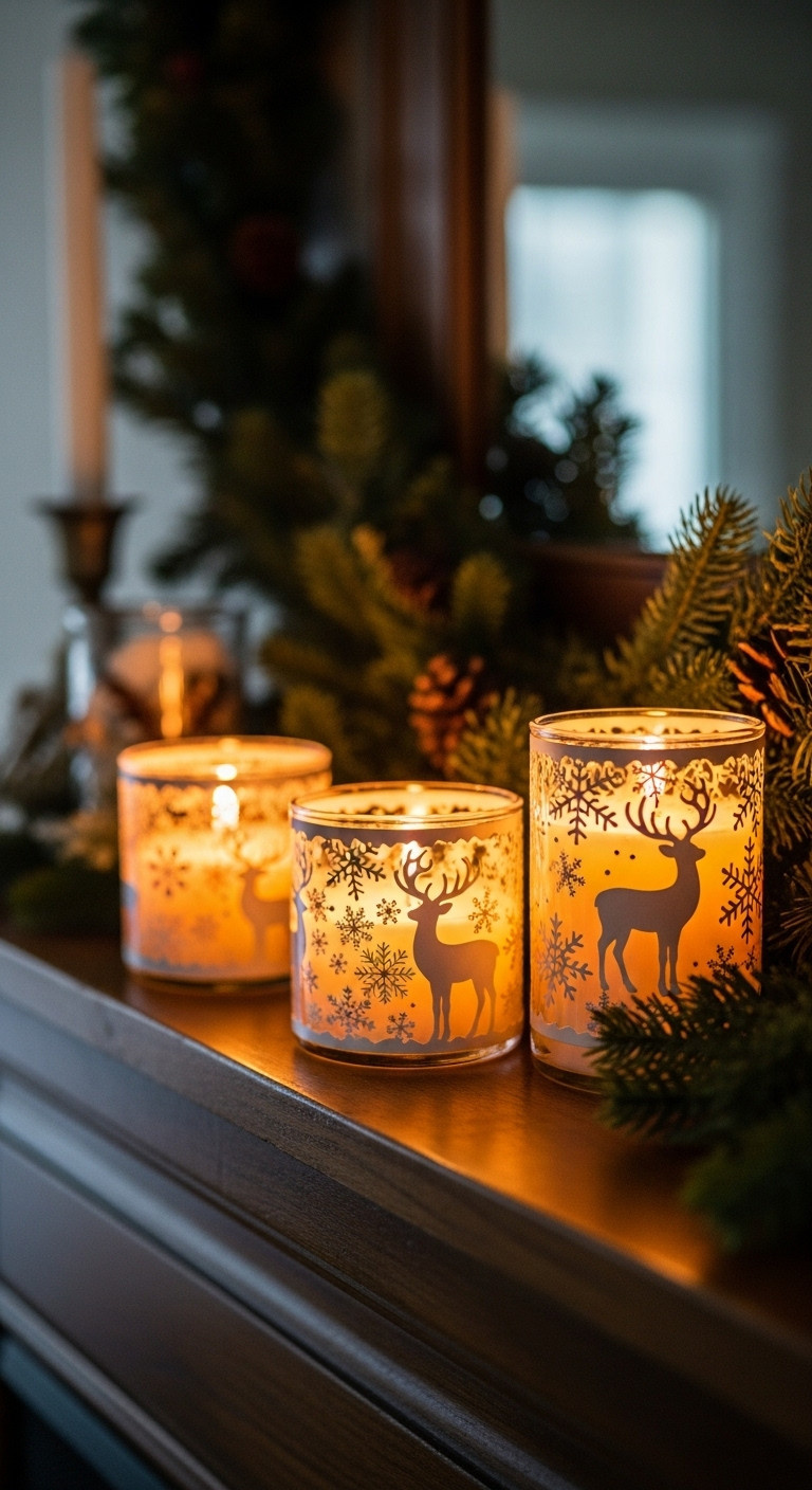 Three glowing glass jar candles with white snowflake and reindeer vinyl on a wooden mantle with garland and fairy lights