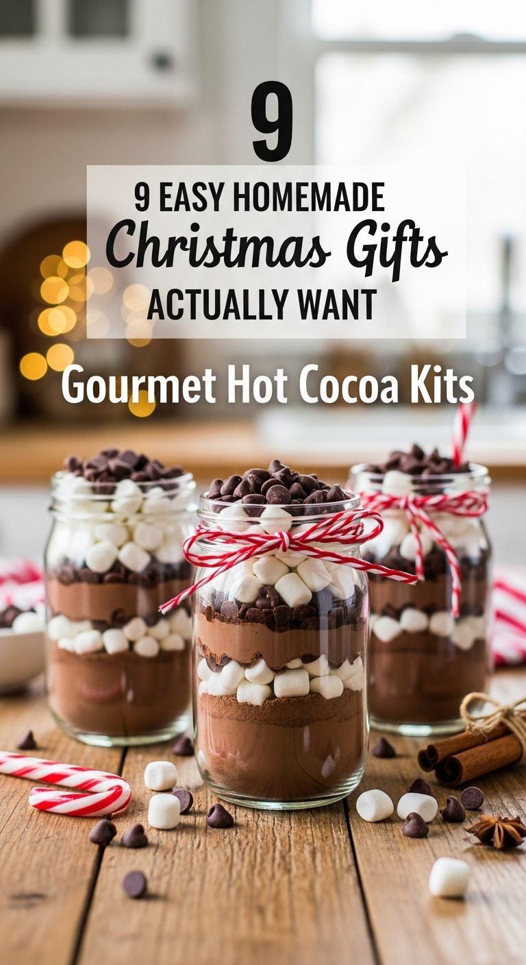 Three gourmet hot cocoa kits in jars on a rustic table with festive decor perfect for homemade coworker Christmas gifts